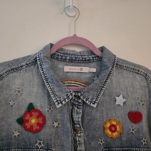 Billy T Floral Embroidered Denim Shirt - Blue